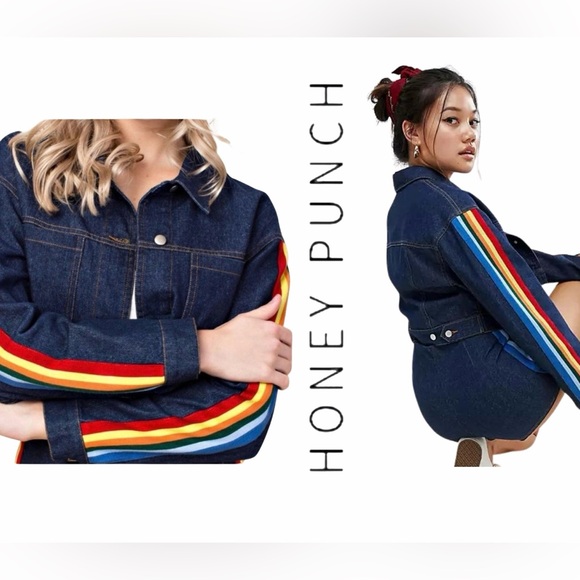 Honey Punch Cropped Denim Jacket with Rainbow Stripe Pride Detail Size S - Picture 1 of 12